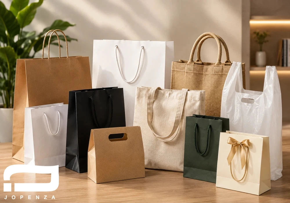 مقایسه انواع ساک دستی کاغذی، پارچه ای، کنفی، پلاستیکی و مقوایی در اندازه های مختلف