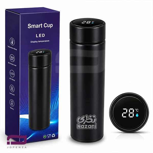 جعبه و فلاسک دماسنج دار M2010 مشکی نظری بسته بندی و جعبه فلاسک هوشمند Smart Cup کد M2010 به همراه فلاسک مشکی با حک لوگوی نظری و نمایشگر LED دما.