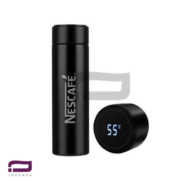 فلاسک تبلیغاتی هوشمند استیل مشکی مات مدل M2010 با چاپ لوگوی نسکافه (NESCAFE) و نمایشگر دیجیتال دمای ۵۵ درجه روی درب.